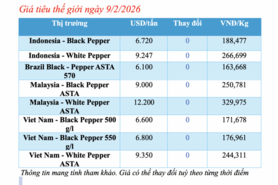 Giá tiêu hôm nay 9/2/2026: Dao động từ 148.000 - 150.500 đồng/kg