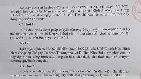 Vi phạm tại Apec Mandala Kim Bôi: Thanh tra Bộ Xây dựng chuyển UBND tỉnh Hoà Bình xem xét, xử lý