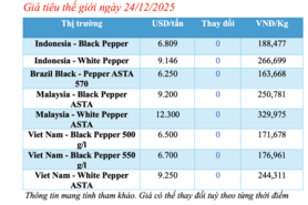 Giá tiêu hôm nay 24/12/2025: Đi ngang