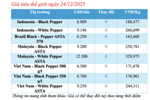 Giá tiêu hôm nay 24/12/2025: Đi ngang