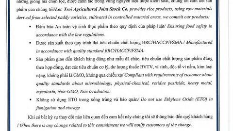 Tập đoàn Lộc Trời cam kết chất lượng gạo xuất khẩu không sử dụng ETO