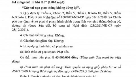 Xử phạt 63 triệu đồng 1 cán bộ sử dụng rượu bia, gây tai nạn giao thông