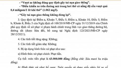 Xử phạt 63 triệu đồng 1 cán bộ sử dụng rượu bia, gây tai nạn giao thông