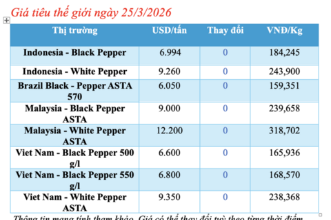 Giá tiêu hôm nay 25/3/2026: Bật tăng mạnh