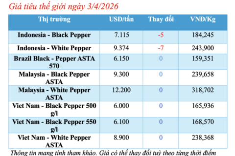 Giá tiêu hôm nay 3/4/2026: Tăng từ 500 - 1.000 đồng/kg