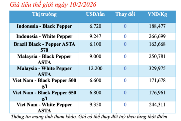 Giá tiêu hôm nay 10/2/2026: Tạm chững