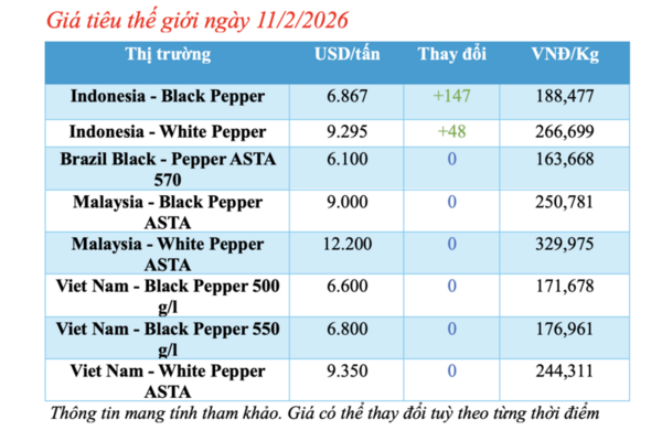 Giá tiêu hôm nay 11/2/2026: Tăng nhẹ 500 đồng/kg