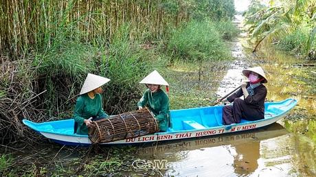 Tại Điểm du lịch Hương Tràm, du khách rất thích thú khi được trải nghiệm dỡ lọp bắt cá, đa phần sản phẩm thu được là cá lóc, cá rô…