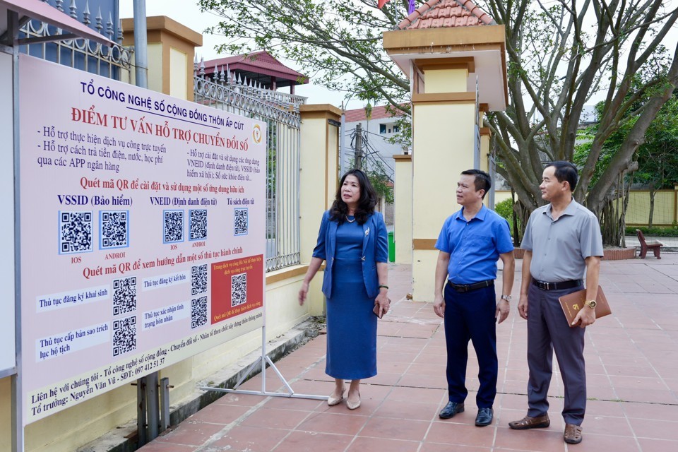 Đồng chí Trần Thị Vân Anh - Phó Giám đốc Sở Văn hóa và Thể thao Hà Nội dẫn đầu đoàn khảo sát tại nhà văn hoá thôn Ấp Cút, xã Mai Đình, huyện Sóc Sơn (Ảnh: Duy Khánh)