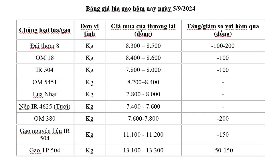 Giá lúa gạo hôm nay 5/9/2024: Giá gạo giảm từ 50 - 150 đồng/kg;