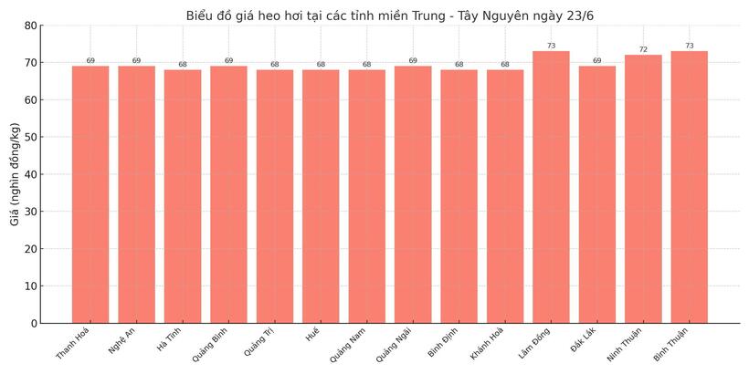 Biểu đồ giá heo hơi tại các tỉnh miền Trung - Tây Nguyên ngày 23/6.