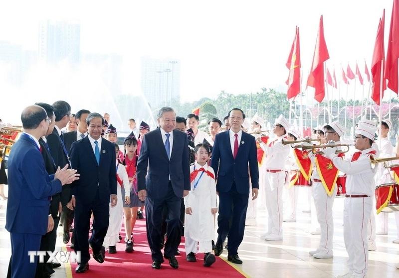 Tổng Bí thư Tô Lâm dự Lễ kỷ niệm 80 năm truyền thống ngành Giáo dục. Ảnh: Thống Nhất/TTXVN