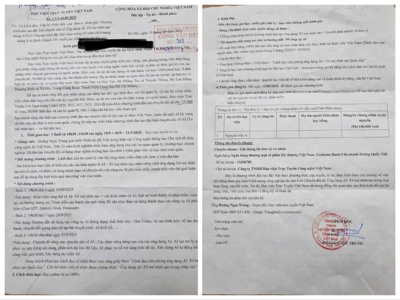 Văn bản Công ty TNHH Học viện Trực tuyến Công nghệ Việt Nam gửi tới cơ quan báo chí.