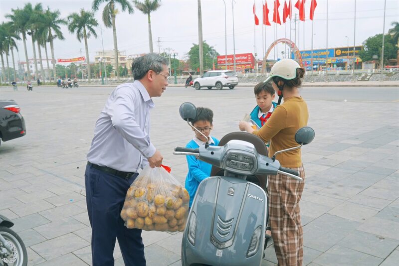 Ông Trần Thanh Hải - Chủ tịch UBND xã Vũ Thư hỗ trợ tiêu thụ khoai tây cho bà con nông dân. Ảnh: Xã Vũ Thư
