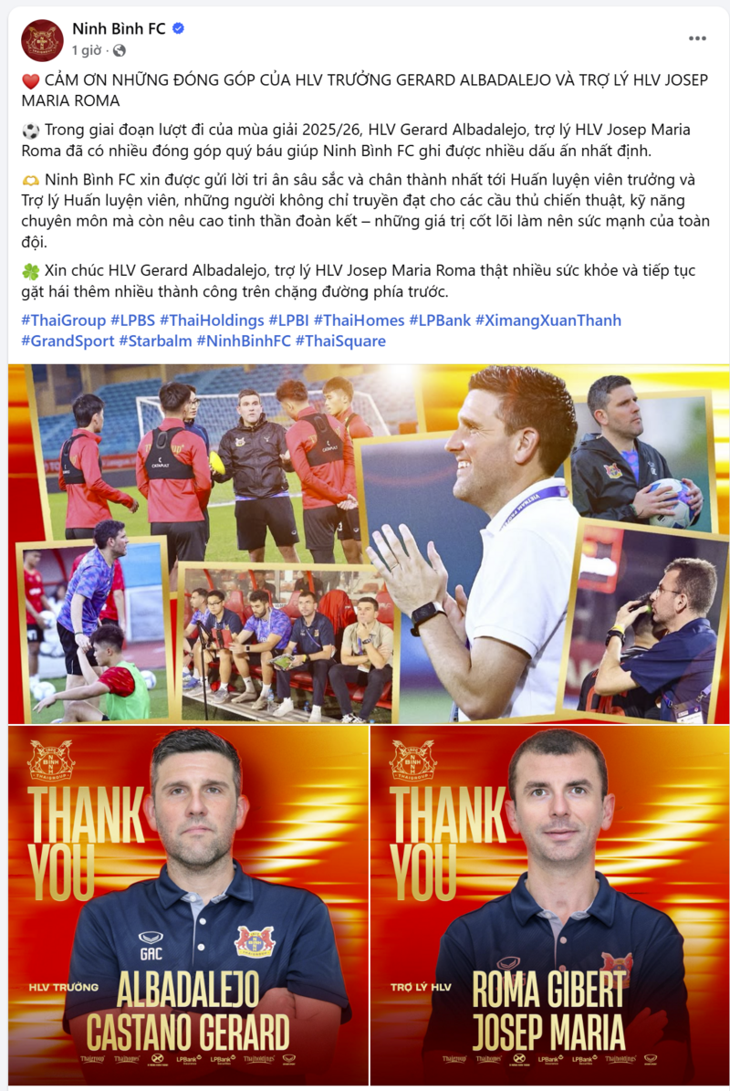 Thông báo chia tay HLV trưởng và trợ lý của CLB Ninh Bình. Ảnh: Ninh Bình FC