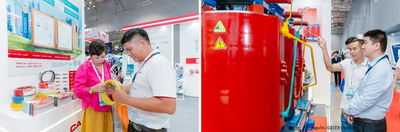 Khách hàng tìm hiểu dây cáp điện CADIVI (bên trái) và máy biến áp THIBIDI (bên phải).