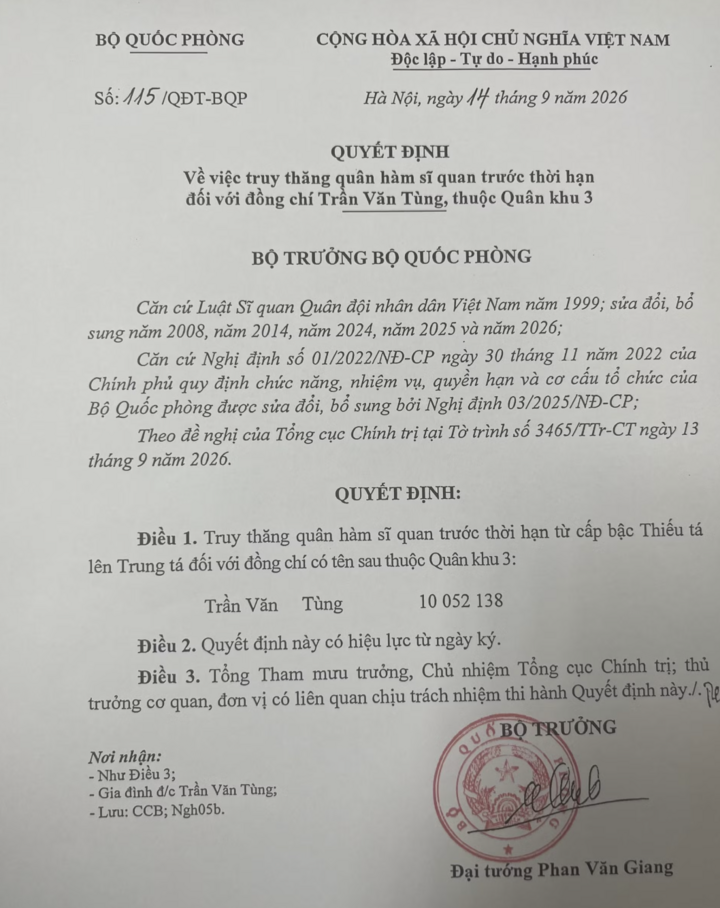 Đại tướng Phan Văn Giang, Bộ trưởng Bộ Quốc phòng đã ký Quyết định số 115/QĐT-BQP ngày 14/9/2026 truy thăng quân hàm sĩ quan trước niên hạn cho đồng chí Trần Văn Tùng.